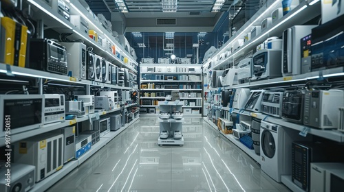 Interior of electronics store with various appliances arranged for sale