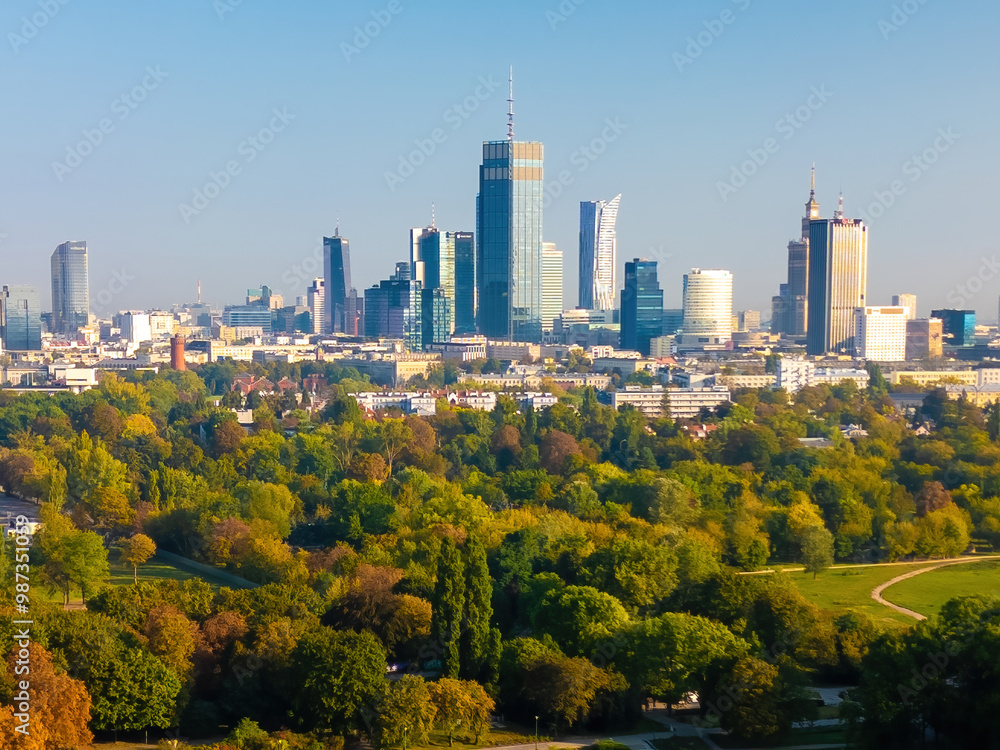 Fototapeta premium View of the Warsaw skyline during autumn.
