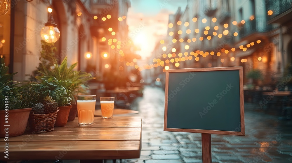 Minimalist Outdoor Cafe with Empty Signboard in Peaceful Urban Setting Minimalist Outdoor Cafe with Empty Signboard in Peaceful Urban Setting