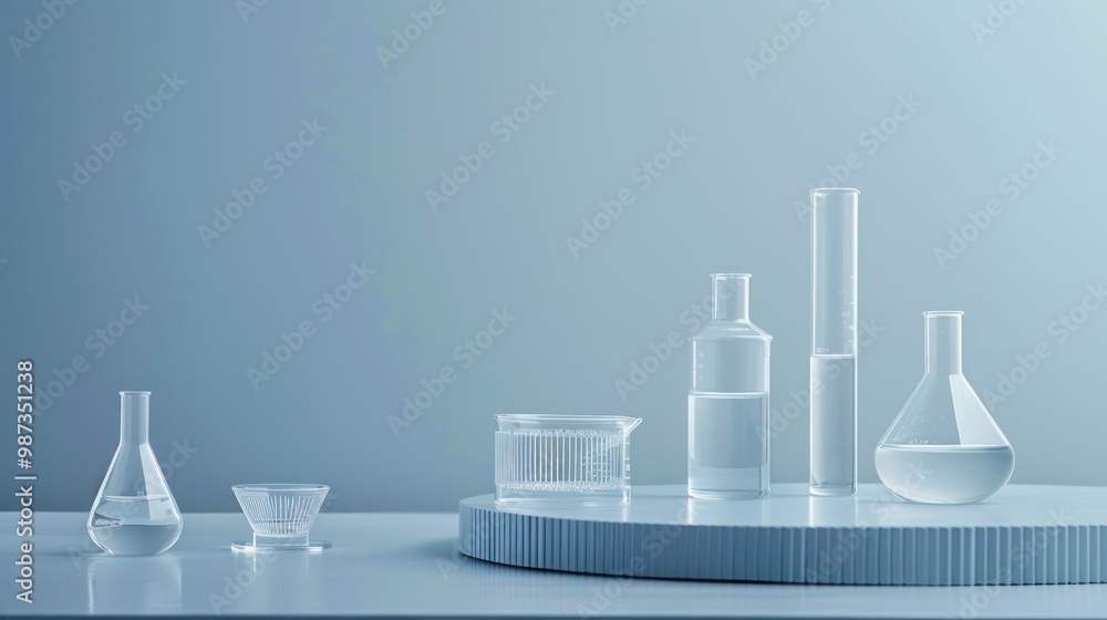 Simple concept with laboratory equipment, Erlenmeyer flasks, boiling flasks and petri dishes filled with liquids, transparent plinth and acrylic sheet with ribs on blue background. Space for display. Simple concept with laboratory equipment, Erlenmeyer flasks, boiling flasks and petri dishes filled with liquids, transparent plinth and acrylic sheet with ribs on blue background. Space for display.