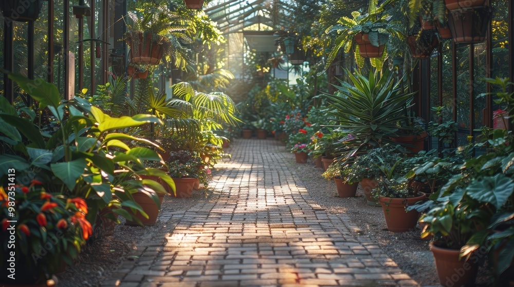 A serene and lush greenhouse pathway bathed in warm sunlight, lined with a variety of vibrant plants and potted flowers, creating a tranquil and inviting atmosphere A serene and lush greenhouse pathway bathed in warm sunlight, lined with a variety of vibrant plants and potted flowers, creating a tranquil and inviting atmosphere