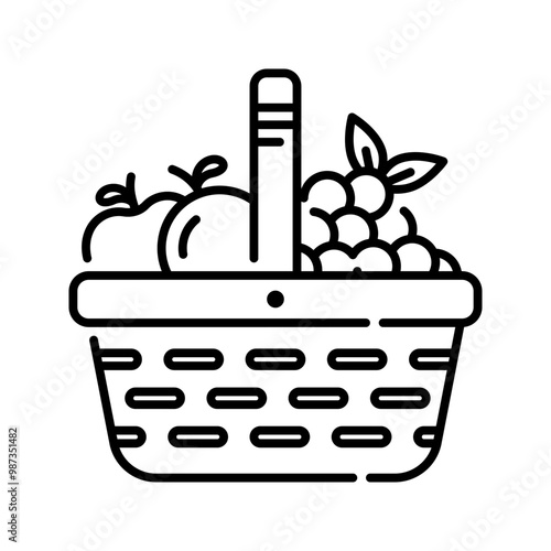 Basket icon. basket, fruit, vegan, apple, gift basket, harvest, diet, fresh, market, grape. Vector icon illustration