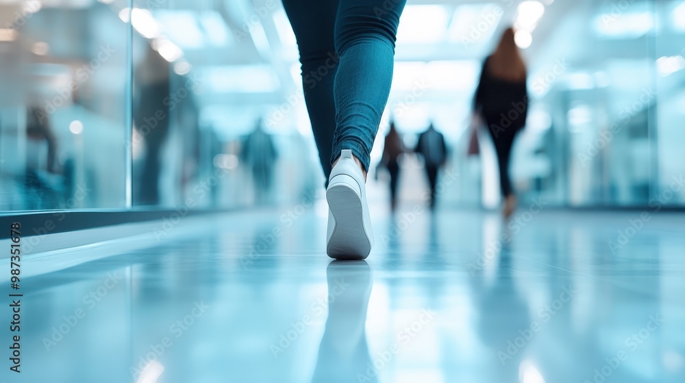 A person walking down a brightly lit hallway in a modern office, capturing a dynamic and progressive movement within a contemporary professional setting. A person walking down a brightly lit hallway in a modern office, capturing a dynamic and progressive movement within a contemporary professional setting.
