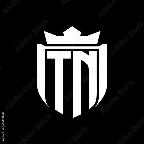 TN Letter logo shield shape inside shield badge crown on black background template design
