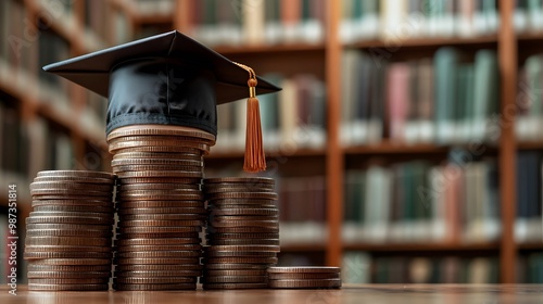 Wallpaper Mural A university graduation cap rests atop a stack of coins with a blurred library background, symbolizing college education costs and academic achievement. Torontodigital.ca