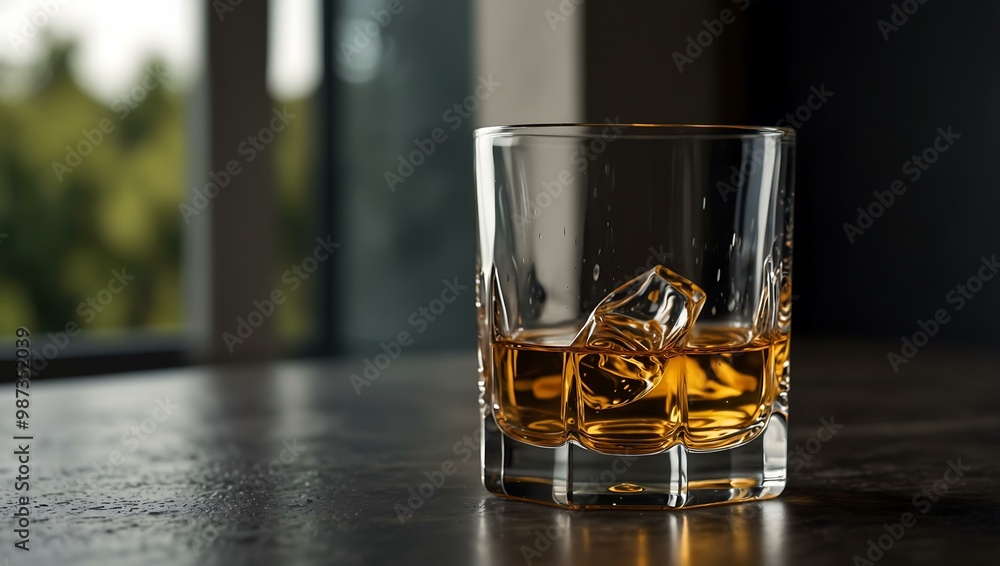 Clear whiskey glass on a polished surface, reflecting luxury. Clear whiskey glass on a polished surface, reflecting luxury.