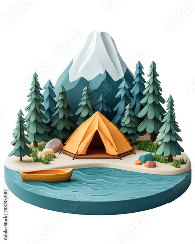 Camping scene with a tent, river, trees, and a mountain backdrop, perfect for nature enthusiasts. photo