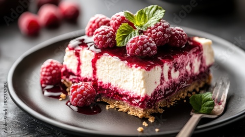 This close-up image features a raspberry cheesecake topped with fresh raspberries and a mint leaf, emphasized by a vibrant raspberry sauce drizzle sitting elegantly on a dark plate.