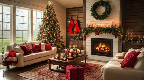 Cozy Christmas living room with tree, fireplace, and holiday decor