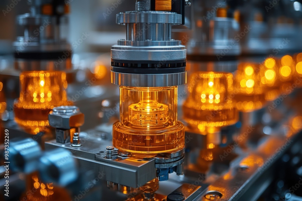 Close-up of a Conveyor Belt with Glowing Jars Close-up of a Conveyor Belt with Glowing Jars