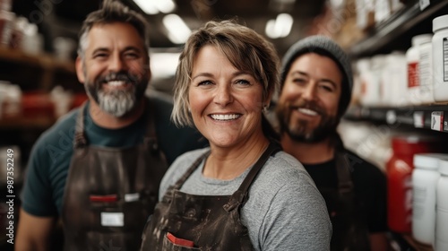 Three friendly staff members at a hardware store smiling warmly at the camera, creating an inviting and approachable atmosphere in a bustling environment. photo