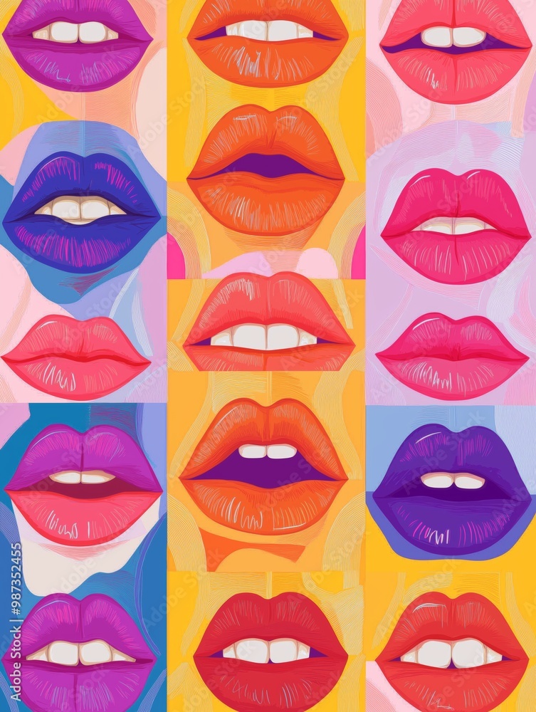 Colorful and artistic collage of diverse lips showcasing various shades and expressions. Colorful and artistic collage of diverse lips showcasing various shades and expressions.