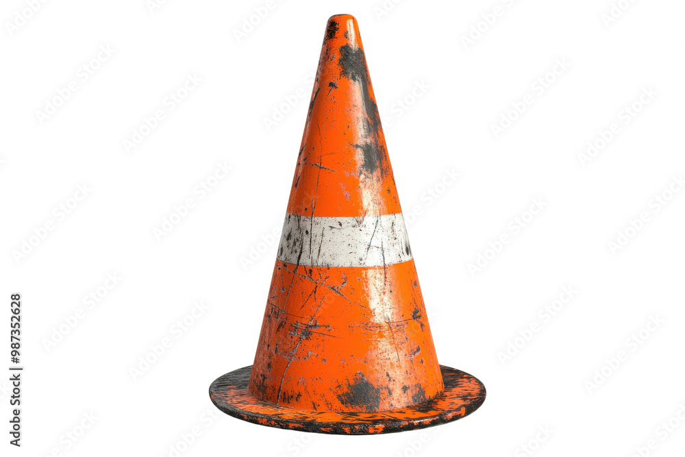 Old, weathered orange traffic cone with a white stripe, isolated on a white background. Old, weathered orange traffic cone with a white stripe, isolated on a white background.
