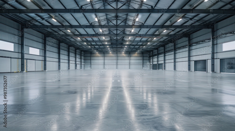 Photo of empty warehouse with bright lighting, grey concrete floor, white metal walls and steel ceiling. Large room for small factory or production line. Photo of empty warehouse with bright lighting, grey concrete floor, white metal walls and steel ceiling. Large room for small factory or production line.