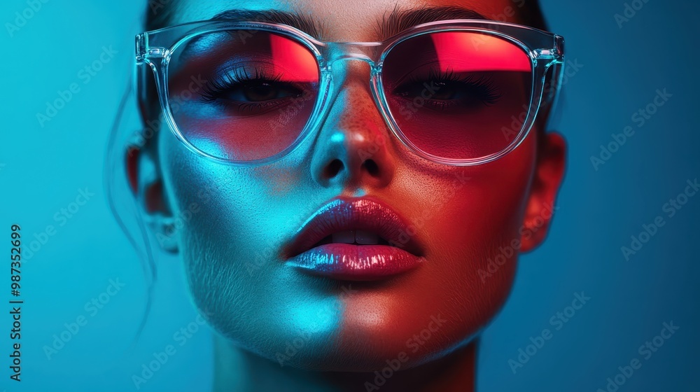 A woman in striking sunglasses poses confidently amidst neon lights, showcasing modernity, fashion, and vibrancy in an artistic, contemporary urban setting. A woman in striking sunglasses poses confidently amidst neon lights, showcasing modernity, fashion, and vibrancy in an artistic, contemporary urban setting.
