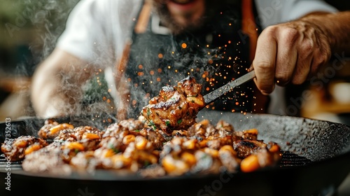 A dynamic image of a chef engagingly stirring a sizzly pan full with mixed vegetables and meat, flames and sparks all around, depicting the animated action in the kitchen. photo