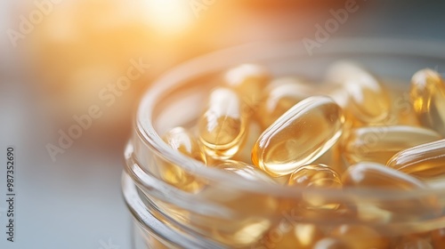 A glass jar filled with golden softgel capsules, illuminated by sunlight, symbolizing supplements, health, and a natural approach to wellness. photo