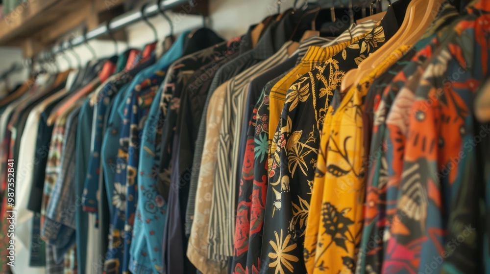 Slow fashion Clothes on hangers in a shop showcase Recycled organic apparel Slow fashion Clothes on hangers in a shop showcase Recycled organic apparel