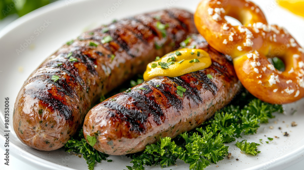 Grilled sausages with mustard and pretzel on a plate with parsley. Grilled sausages with mustard and pretzel on a plate with parsley.