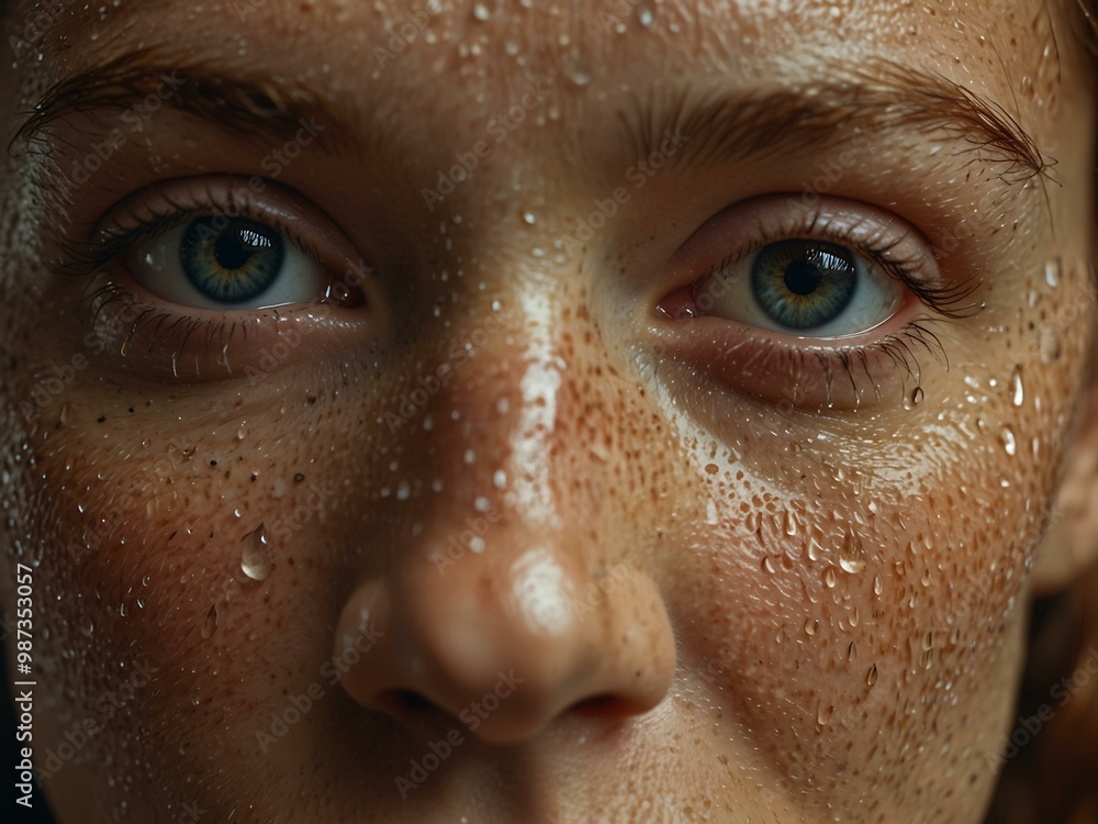 Close-up of a freckled woman’s face with raindrops. Close-up of a freckled woman’s face with raindrops.