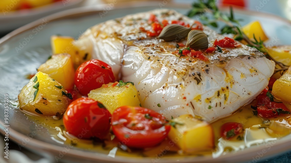 Stockfish white without tomatoes in Messina style Cod stewed with cherry tomatoes caper olive oil and potato Traditional plate of Messina Sicily Italy Selective focus Stockfish white without tomatoes in Messina style Cod stewed with cherry tomatoes caper olive oil and potato Traditional plate of Messina Sicily Italy Selective focus