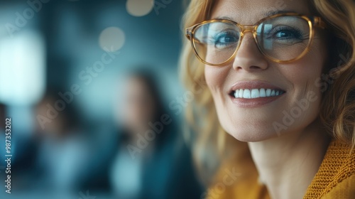 A joyful woman with curly hair and glasses smiles genuinely, sharing her warmth and happiness in a cozy setting, surrounded by a softly blurred background of people.