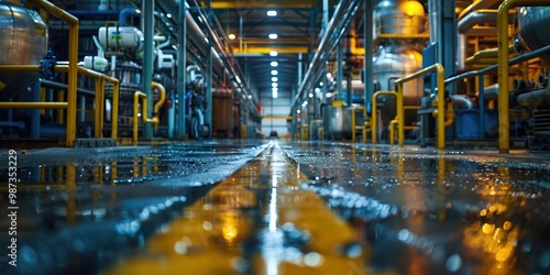 A highly polished and reflective industrial factory floor with intricate machinery and equipment lined symmetrically, creating an impressive perspective of modern industry