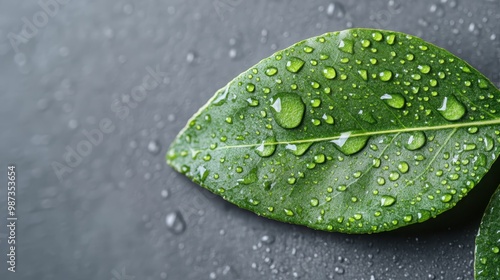 High-quality photograph of a vibrant green leaf covered with water droplets on a gray, textured background, representing freshness and natural beauty. photo