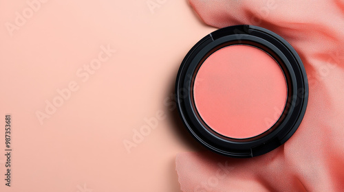 Compact blush with a mirror, soft coral tones, laid on a delicate lace fabric, feminine and elegant touch 