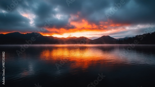 A beautiful, vibrant sunset with vivid orange and purple hues reflecting on a tranquil lake, framed by surrounding hills and a partly cloudy sky, creating a serene scene.