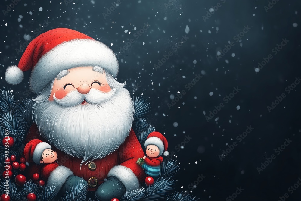 A joyful Santa Claus with cheerful children amidst winter decorations. A joyful Santa Claus with cheerful children amidst winter decorations.