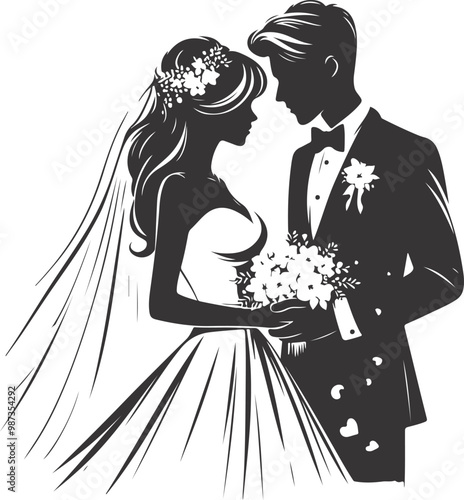 weeding husband wife, romantic couple and Kissing couple silhouette vector design.