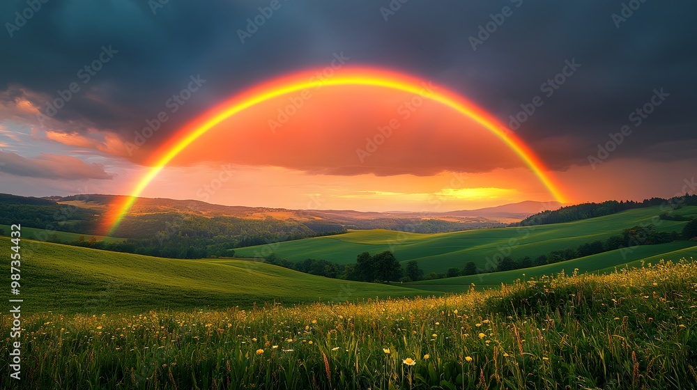 A vibrant rainbow arcs across a stormy sky over lush green hills, with golden hour lighting creating a dramatic landscape and vivid countryside panorama. A vibrant rainbow arcs across a stormy sky over lush green hills, with golden hour lighting creating a dramatic landscape and vivid countryside panorama.