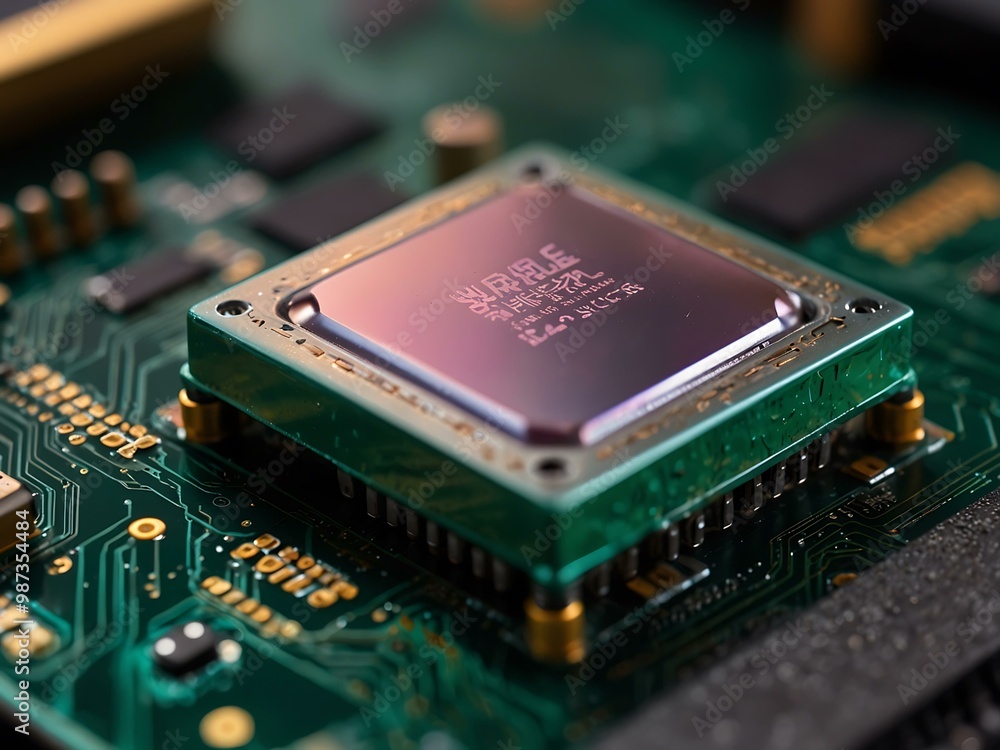 Close-up of a sleek iridescent CPU on a glossy circuit board. Close-up of a sleek iridescent CPU on a glossy circuit board.