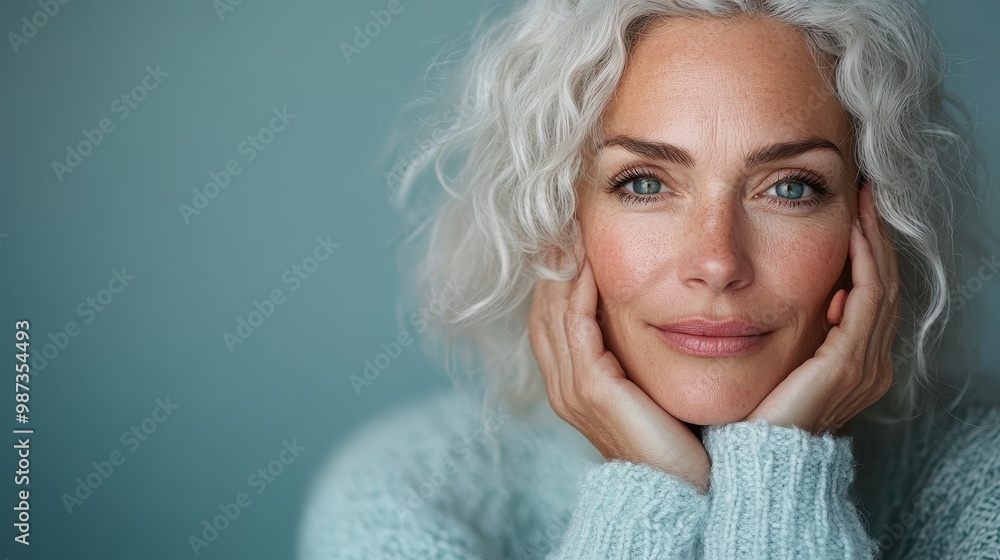 An older woman with grey hair and blue eyes gently holds her face in her hands, wearing a warm white sweater, against a calm blue-green backdrop, in deep thought. An older woman with grey hair and blue eyes gently holds her face in her hands, wearing a warm white sweater, against a calm blue-green backdrop, in deep thought.