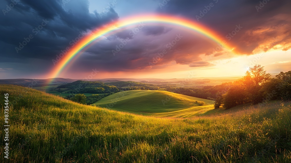 A vibrant rainbow arcs across a stormy sky over lush green hills, with golden hour lighting creating a dramatic landscape and vivid countryside panorama. A vibrant rainbow arcs across a stormy sky over lush green hills, with golden hour lighting creating a dramatic landscape and vivid countryside panorama.