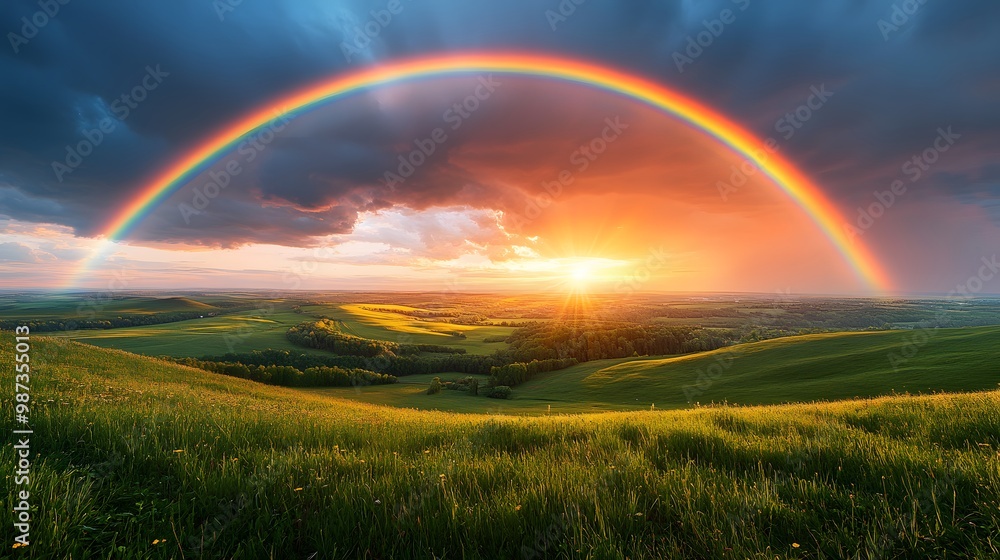 A vibrant rainbow arcs across a stormy sky over lush green hills, with golden hour lighting creating a dramatic landscape and vivid countryside panorama. A vibrant rainbow arcs across a stormy sky over lush green hills, with golden hour lighting creating a dramatic landscape and vivid countryside panorama.