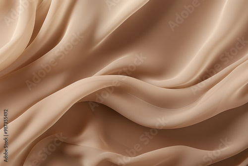 Processed collage of smooth wavy beige light brown satin silk cloth fabric texture. Background