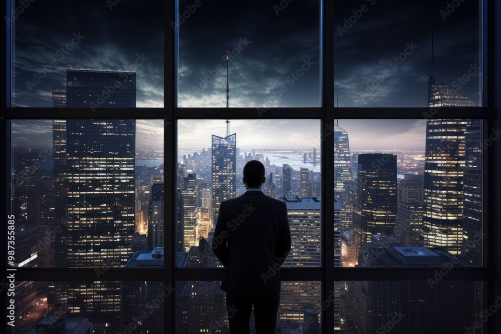 A top executive looking out of a window at a cityscape A top executive looking out of a window at a cityscape