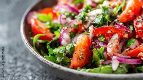 A delicious mixed salad in a bowl, featuring fresh tomatoes, cucumbers, onions, greens, and herbs, seasoned with black pepper, representing health and vibrant flavor.