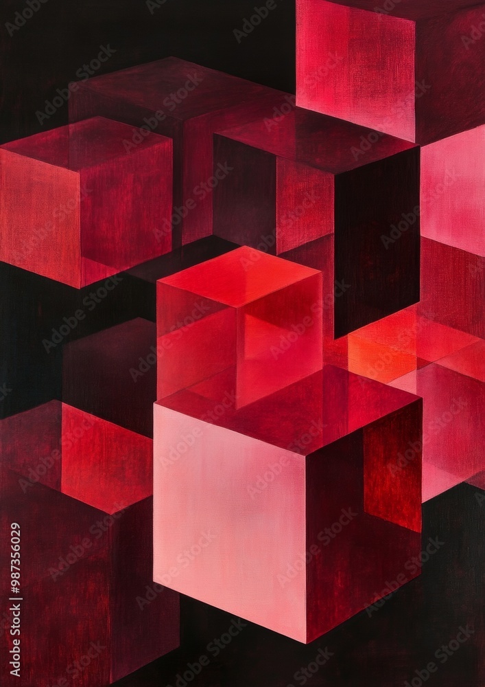 A painting of red cubes with black background A painting of red cubes with black background