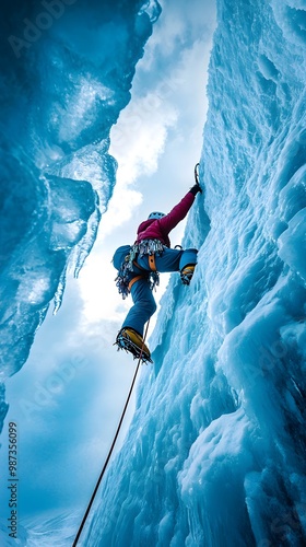 Wallpaper Mural Ice climbing, climbing on an ice wall, blue sky with white clouds Torontodigital.ca