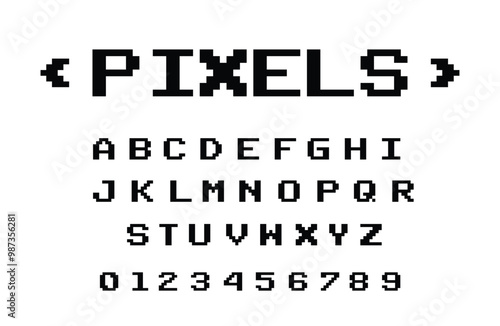 Y2k 00s pixelated black and white alphabet with numbers. For poster design or typography.