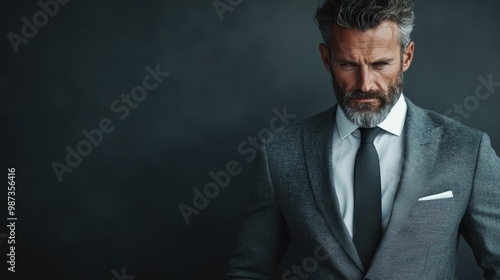 A pensive man with a gray beard poses in a suit, set against a gray backdrop, conveying thoughtfulness, intelligence, and maturity in a timeless fashion.