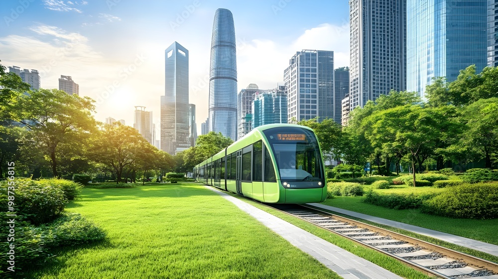 Obraz premium Green tram in cityscape with modern buildings