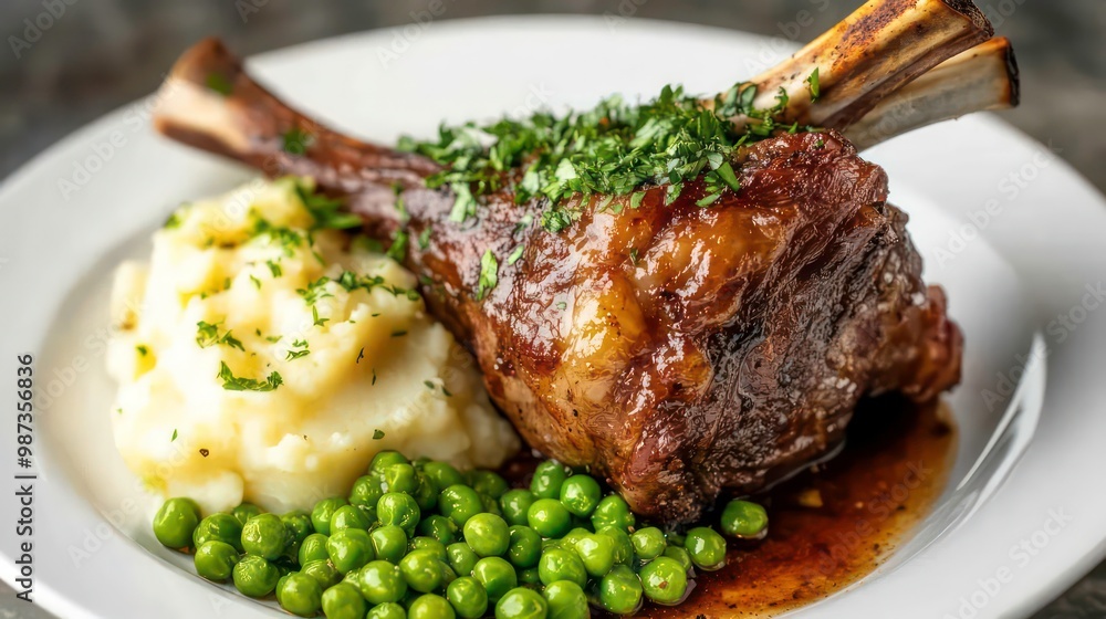A delicious meal of roasted lamb shank served with mashed potatoes and peas. A delicious meal of roasted lamb shank served with mashed potatoes and peas.