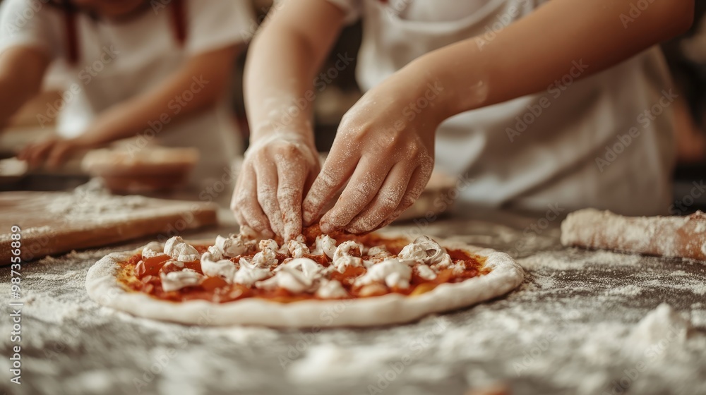 Hands are seen placing toppings on a fresh pizza base on a flour-strewn table, highlighting the process of making a homemade pizza, emphasizing craftsmanship and enjoyment. Hands are seen placing toppings on a fresh pizza base on a flour-strewn table, highlighting the process of making a homemade pizza, emphasizing craftsmanship and enjoyment.