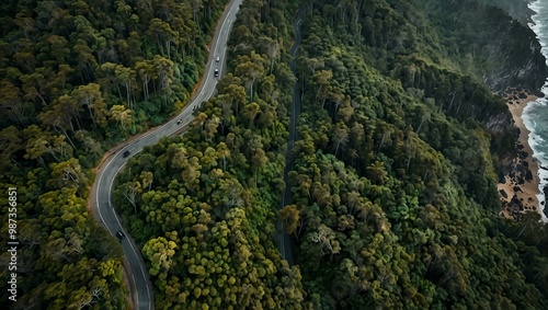 Coastal highway winding through lush forests, aerial view.