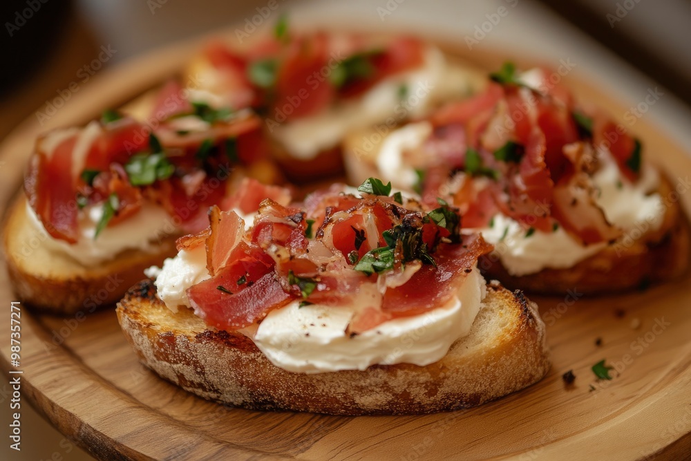 Bruschetta with prosciutto bacon and cream cheese on wooden plate , ai Bruschetta with prosciutto bacon and cream cheese on wooden plate , ai