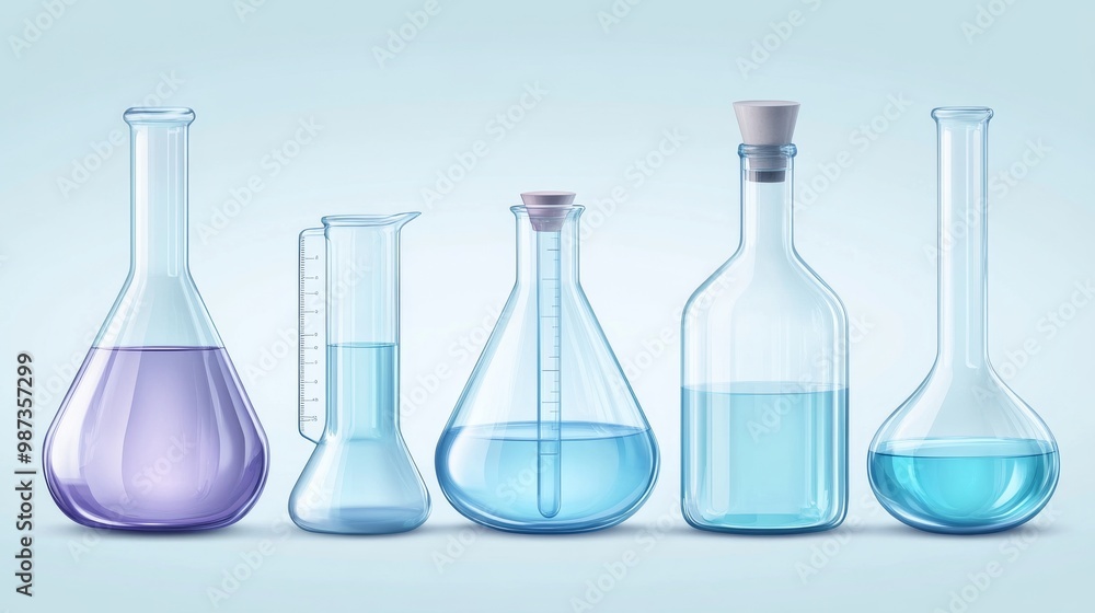 A row of beakers with liquids.